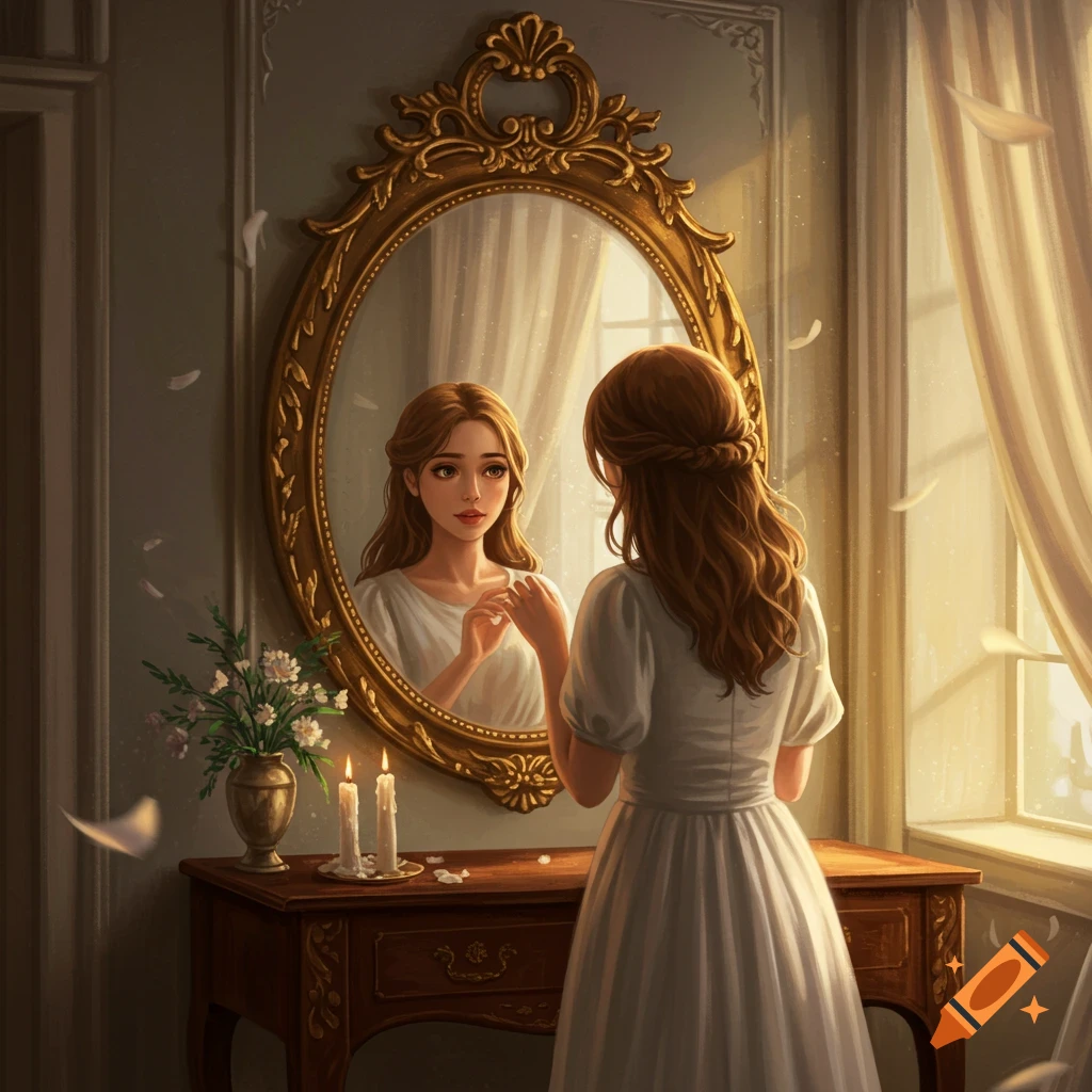 A young woman in a white dress looks into an ornate golden mirror in a softly lit, ethereal room.