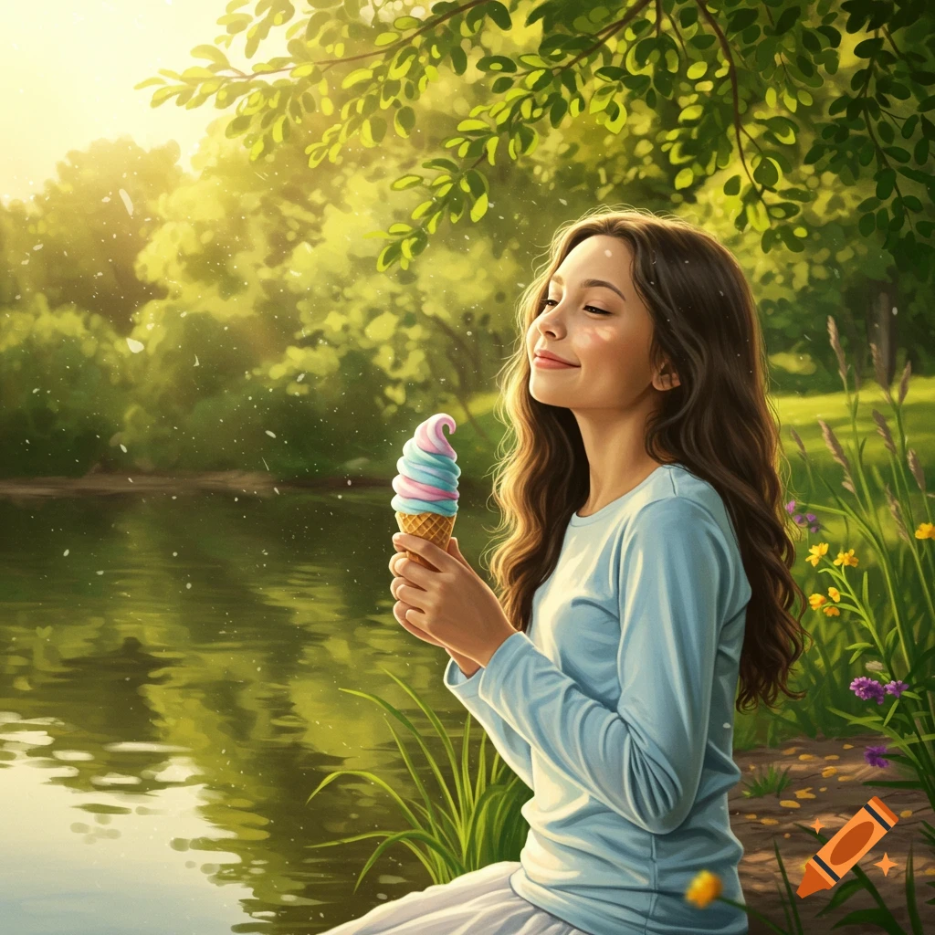 A smiling girl holds a colorful ice cream cone by a sunny lake with green trees and foliage, eyes closed in enjoyment. Digital painting.