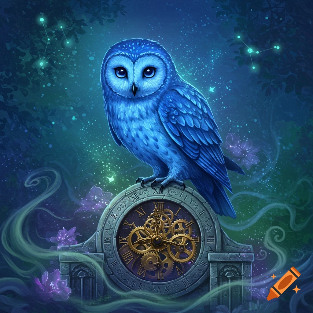 A blue owl perches on a stone clock with golden gears, surrounded by glowing dust and purple flowers in a magical, dark forest. Digital art.