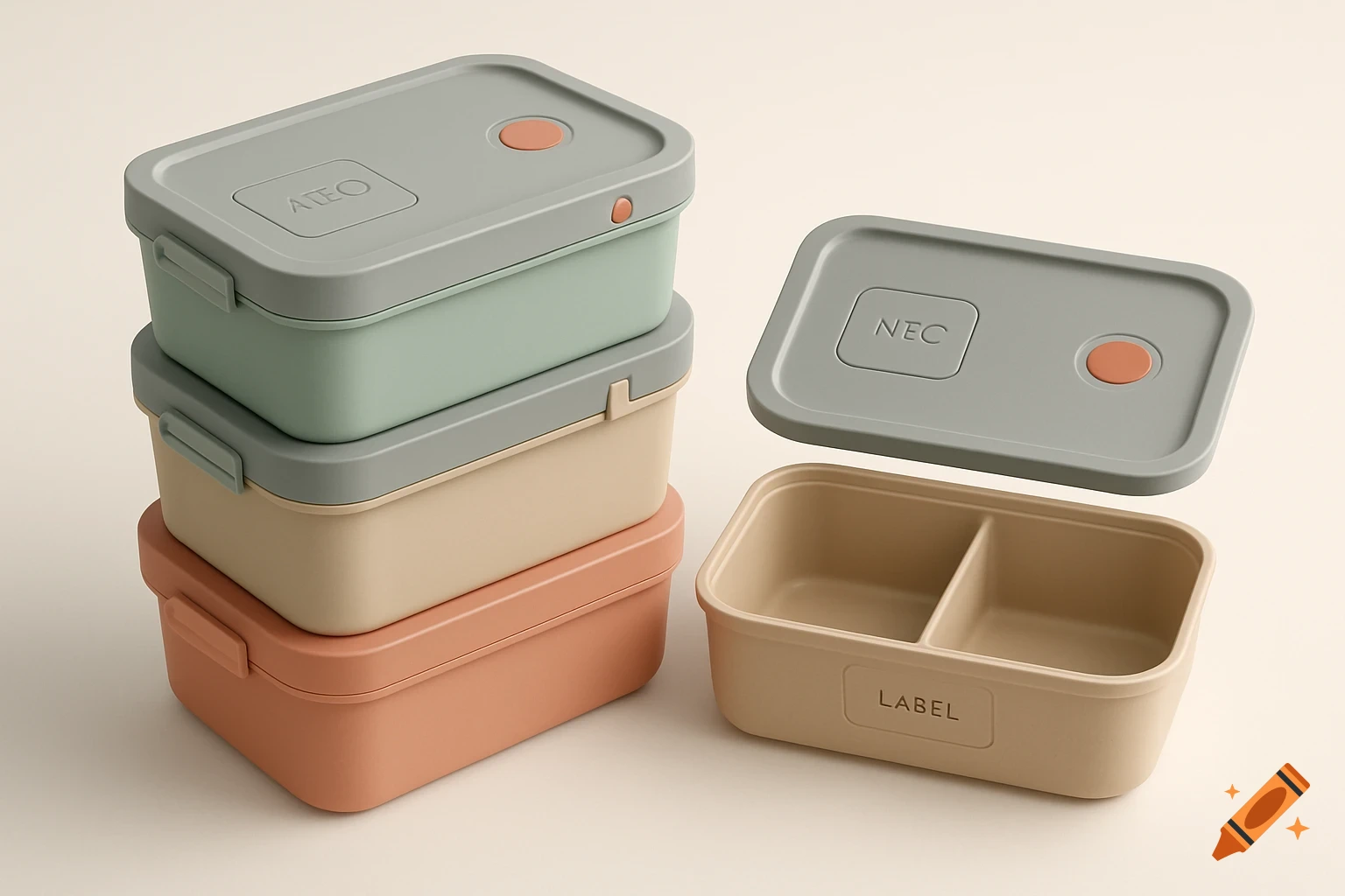 Modern stackable food storage containers in mint, sand, and terracotta colors.