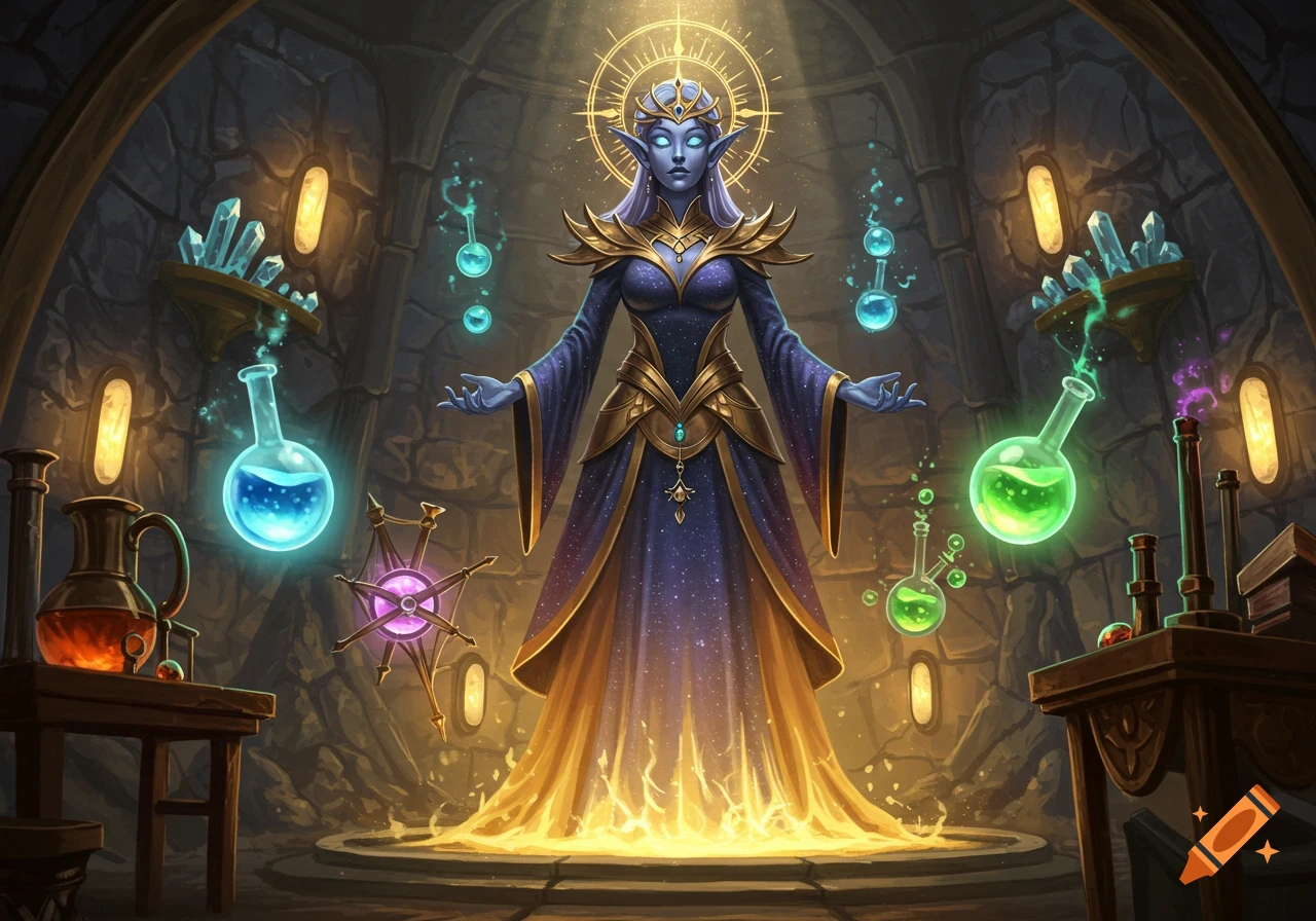 Ethereal elf goddess in a starry purple and gold gown, performing alchemy in a stone lab with glowing beakers and crystals.