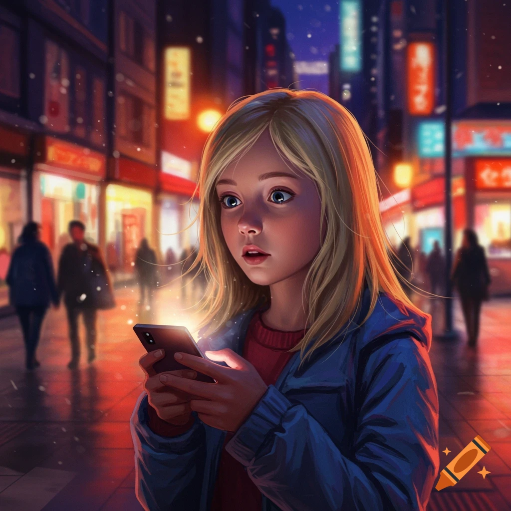 Digital painting of a young blonde girl in a city at night, looking surprised at her glowing smartphone.
