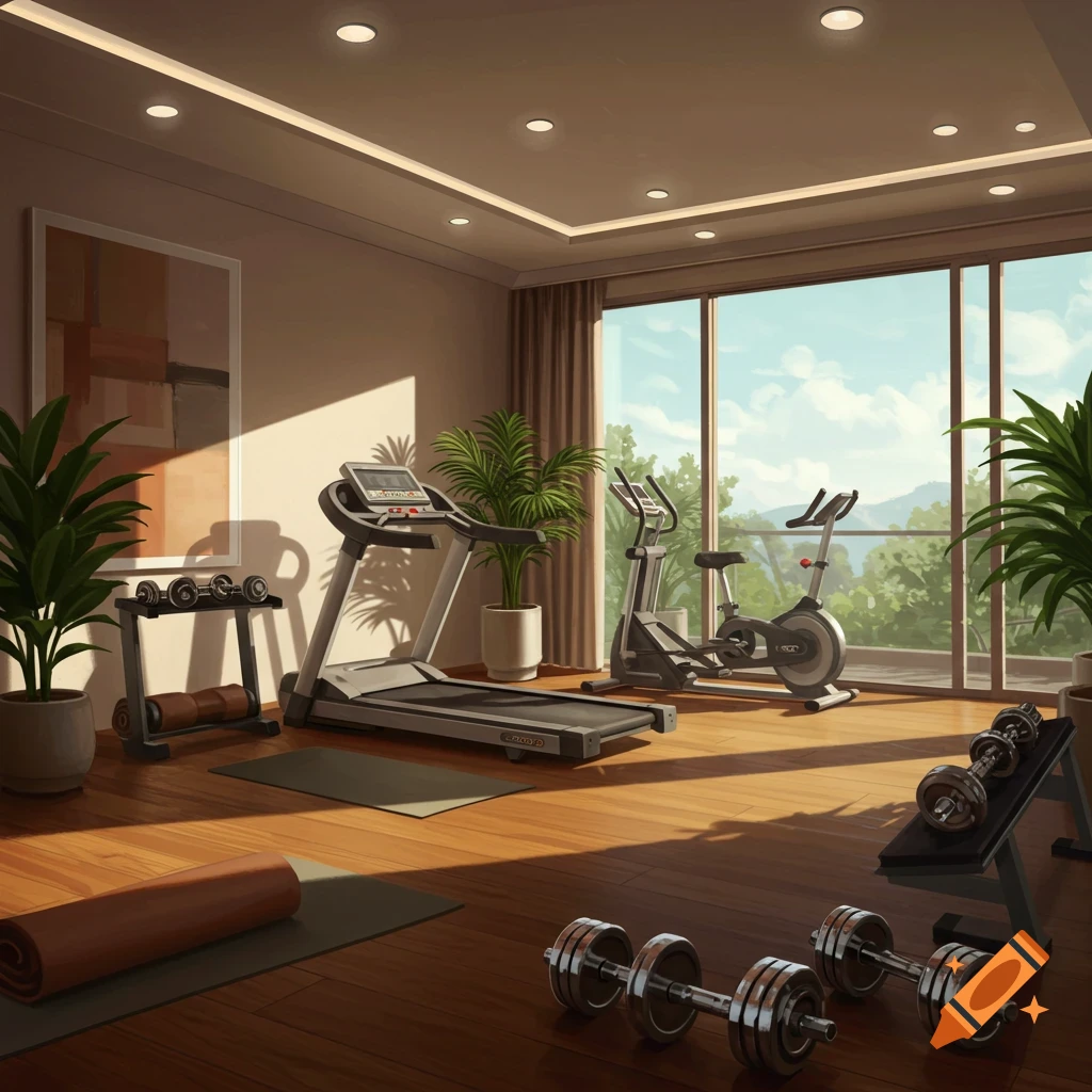 A brightly lit home gym with a treadmill, exercise bikes, dumbbells, and yoga mats, featuring large windows overlooking a lush landscape.