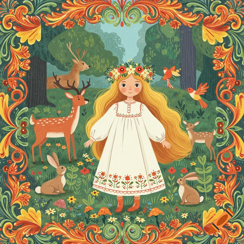 A 2D illustration in Nordic folk art style of a blonde girl with a flower crown in a forest with deer, rabbits, and birds.