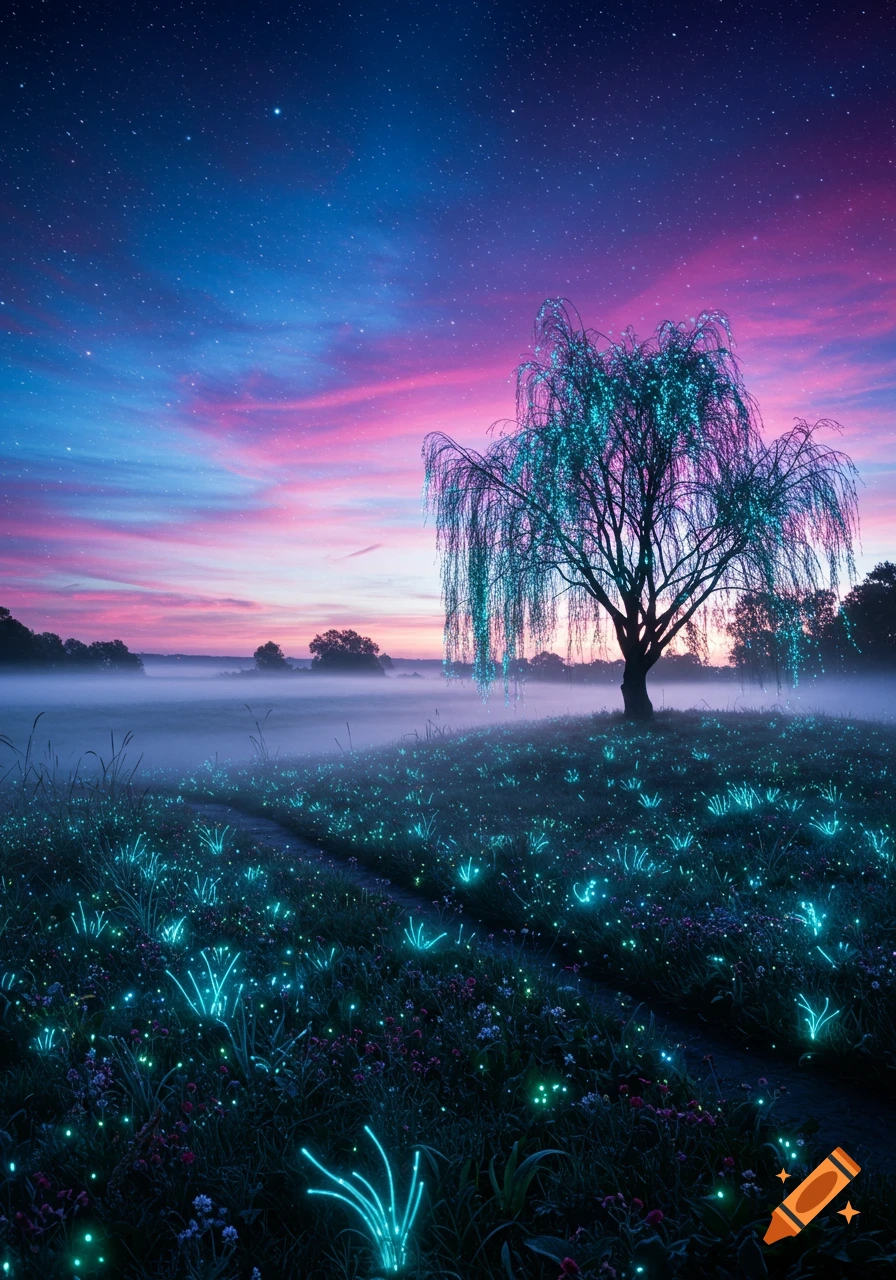 A mystical landscape with a glowing willow tree and bioluminescent plants in a misty field under a vibrant pink, blue, and purple starry sky.