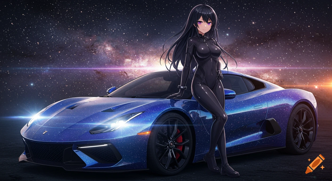 An anime girl with long black hair and purple eyes, wearing a black full-body suit, leans on a blue supercar in space.