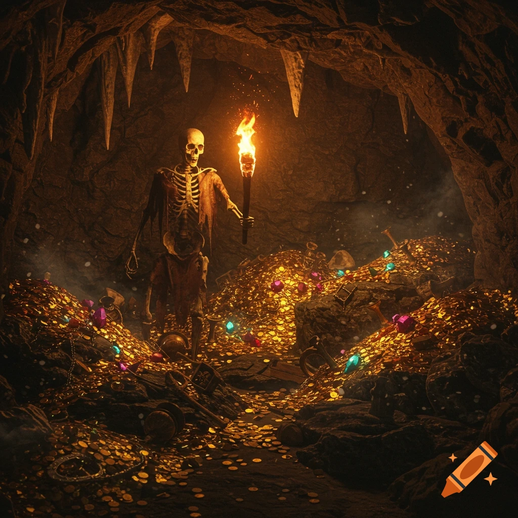 A skeleton holding a torch stands amidst piles of glowing gold coins and jewels in a dark, rocky cave.