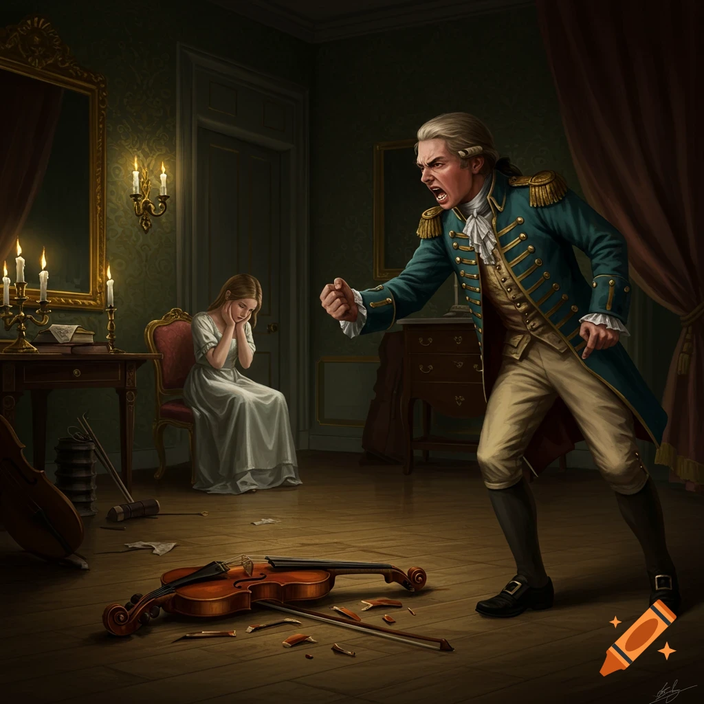 A dramatic illustration of an 18th-century man yelling at a distressed woman in a room with a broken violin on the floor.