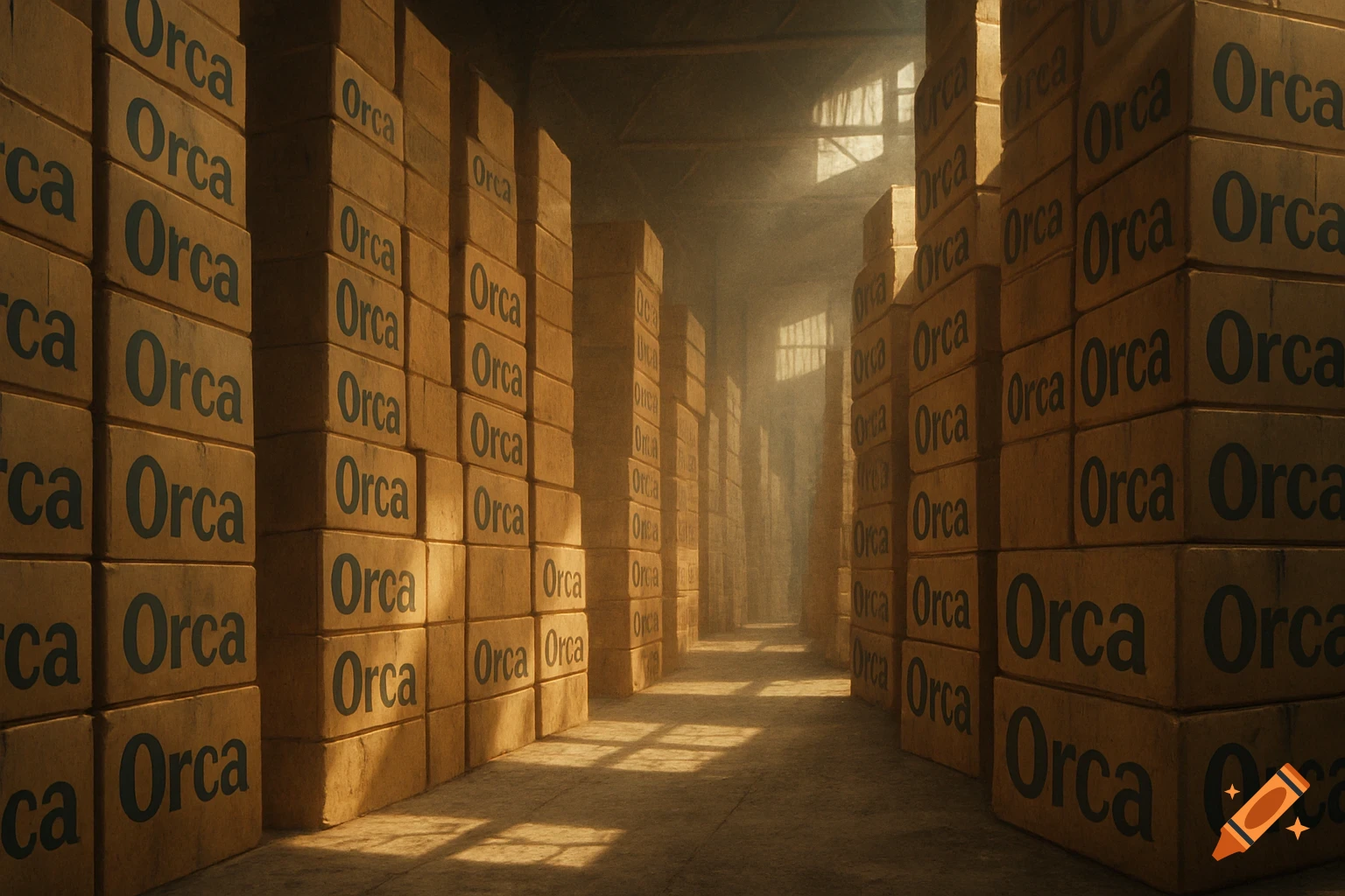 A long, dusty warehouse aisle filled with tall stacks of yellowish boxes labeled 'Orca', with sunlight streaming from high windows.