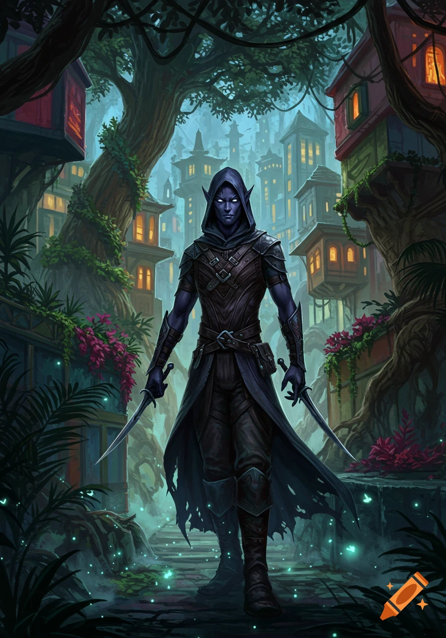 A dark-skinned, hooded elf rogue with glowing eyes and daggers stands in a magical jungle city at night.