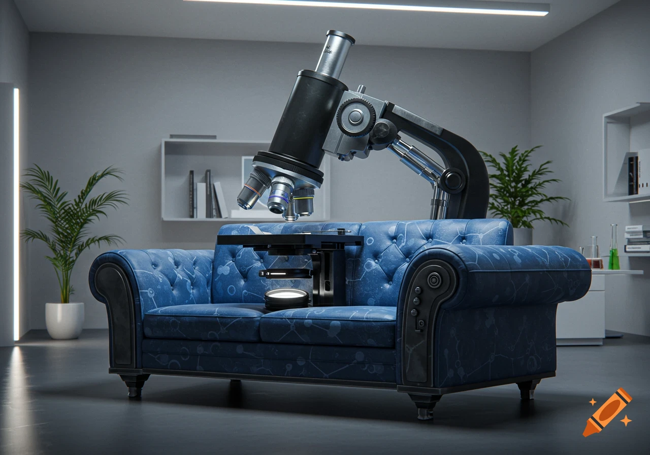 A large black and silver microscope sits on a blue tufted sofa in a modern, minimalist room, photorealistic.