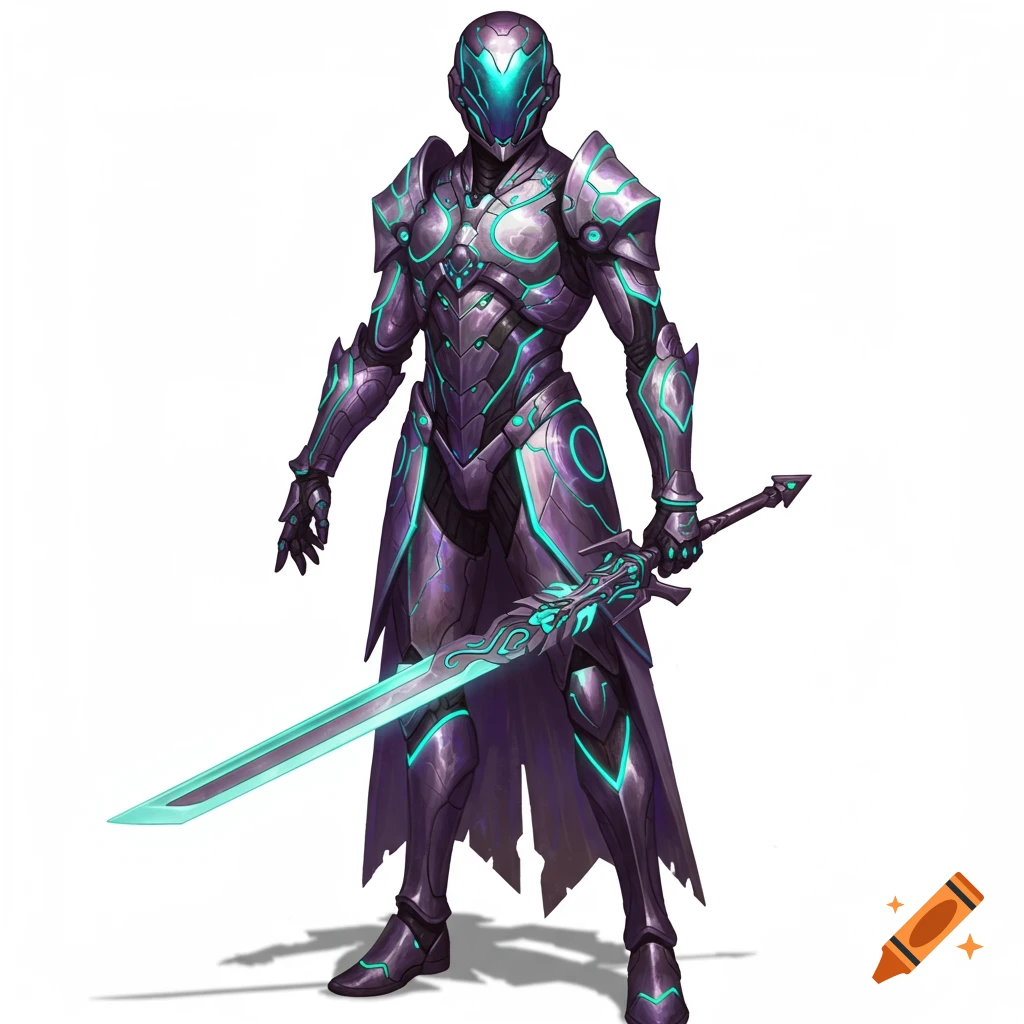 A futuristic armored character with a glowing teal sword stands on a white background, in a video game art style.