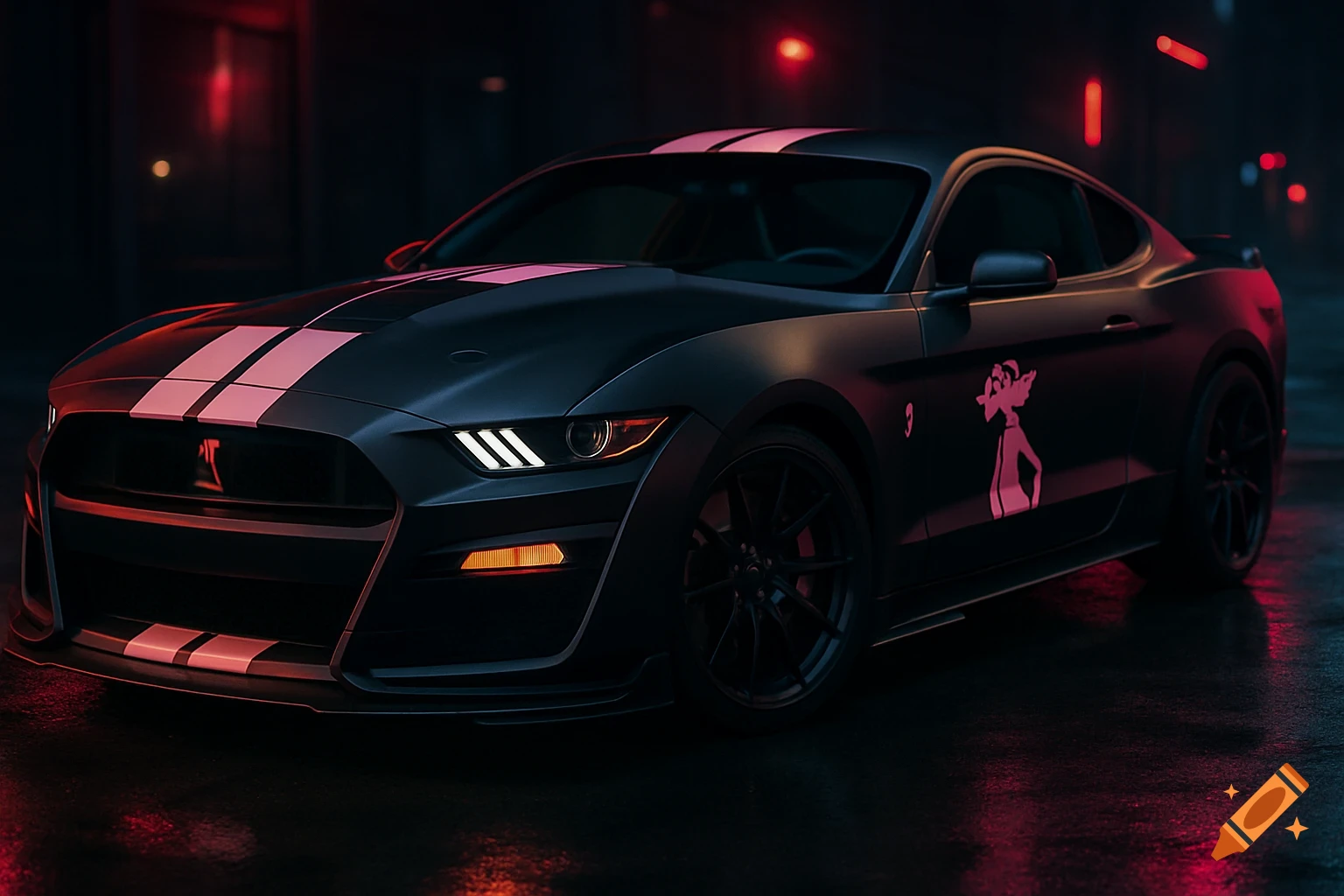 Matte black Ford Mustang Shelby GT500 with pink racing stripes and a Pink Panther silhouette, parked in a neon-lit urban night setting.