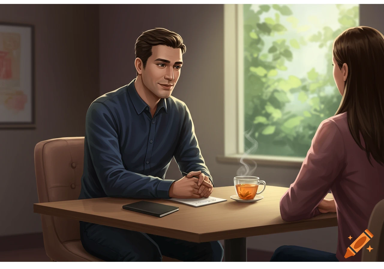 Digital illustration of a man and woman conversing at a table indoors with a window showing lush greenery.