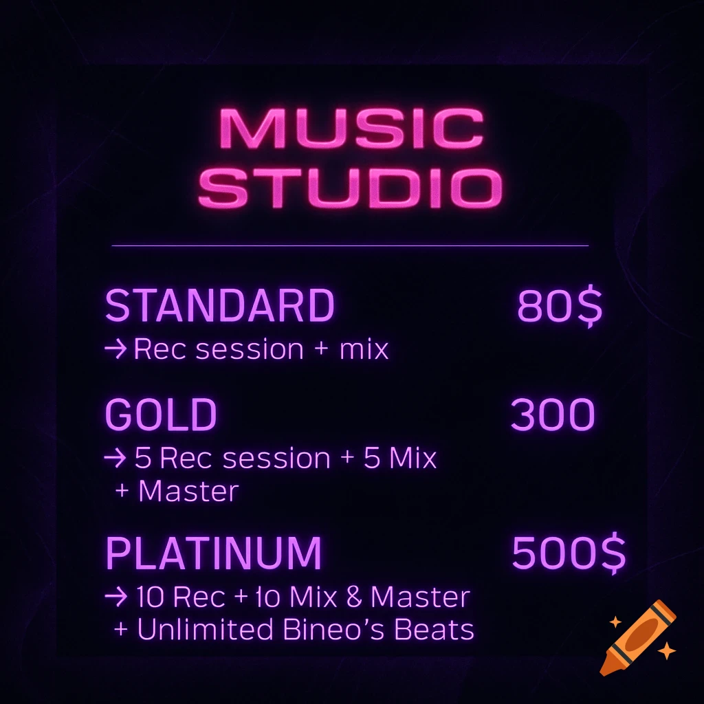 A neon pink and purple music studio price list on a dark background, showing Standard, Gold, and Platinum tiers with services and costs.