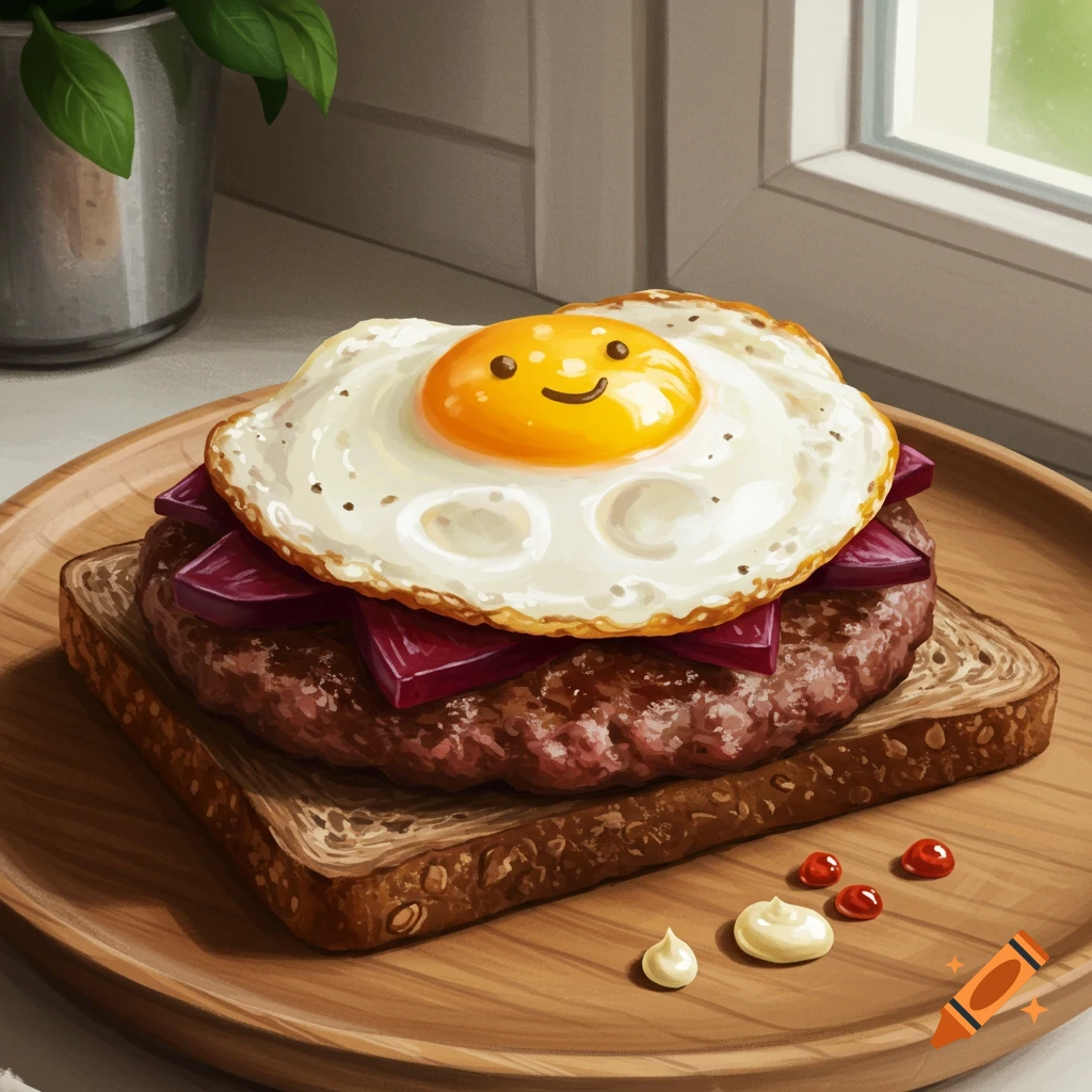Illustrated open-faced sandwich with a smiling fried egg, beef patty, pickled beets, and rye bread.
