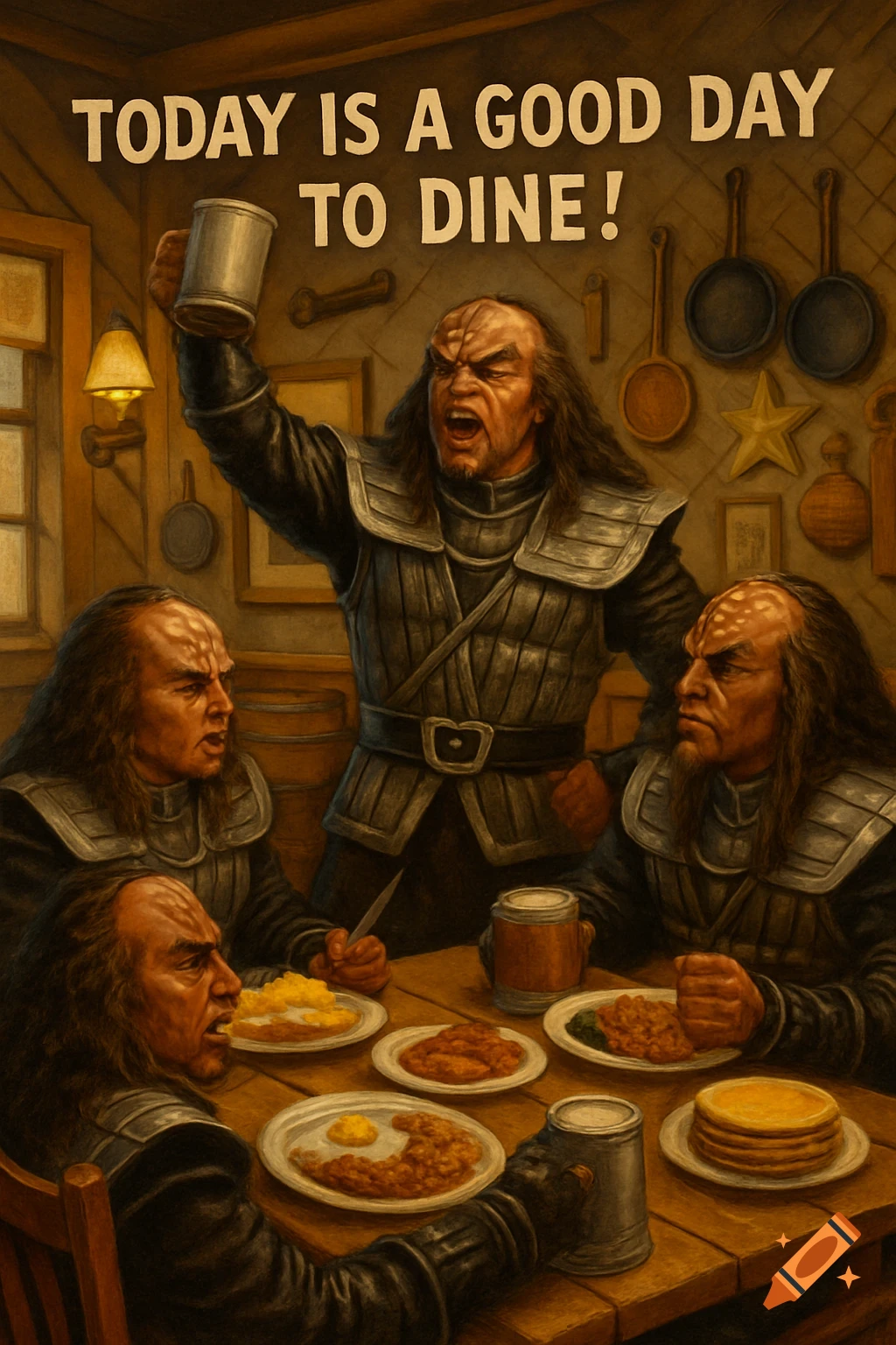 A group of Klingons dining at a rustic table, one raising a mug and shouting, with "TODAY IS A GOOD DAY TO DINE!" text above.