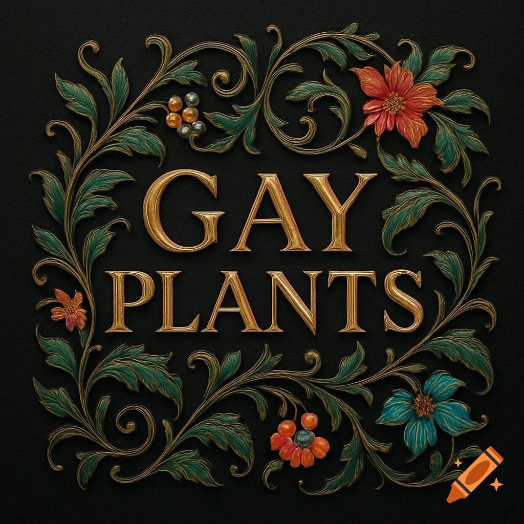 An ornate logo with the words 'GAY PLANTS' in gold, surrounded by emerald green foliage and colorful flowers on a black background.