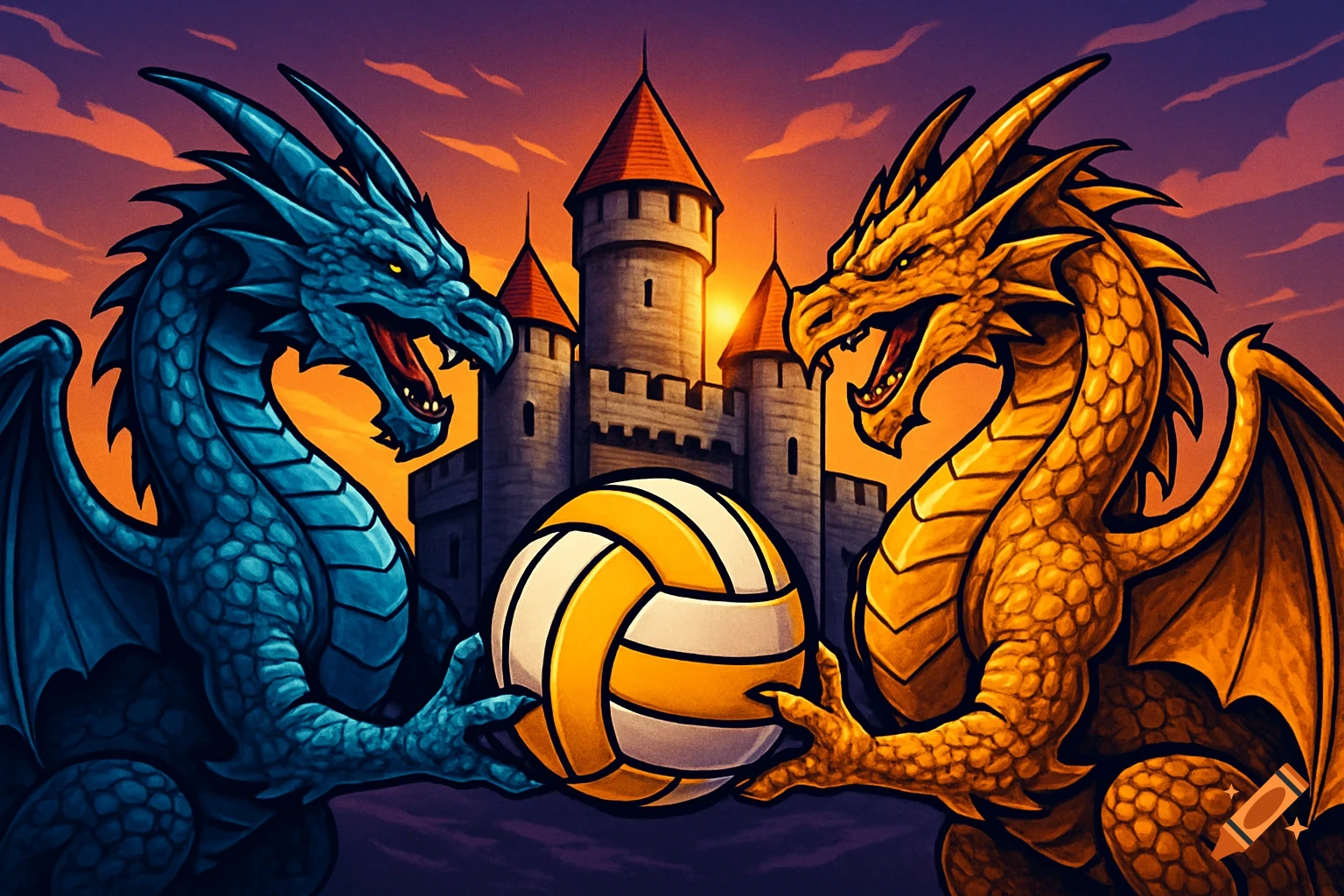 A stylized illustration of a blue and a gold dragon holding a volleyball in front of a castle at sunset.