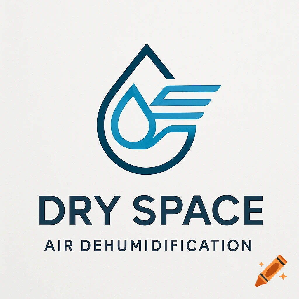 A minimalist logo features a dark blue outline of a water drop containing a lighter blue water drop merged with wing-like lines. Below, dark blue text reads 'DRY SPACE' and 'AIR DEHUMIDIFICATION'.