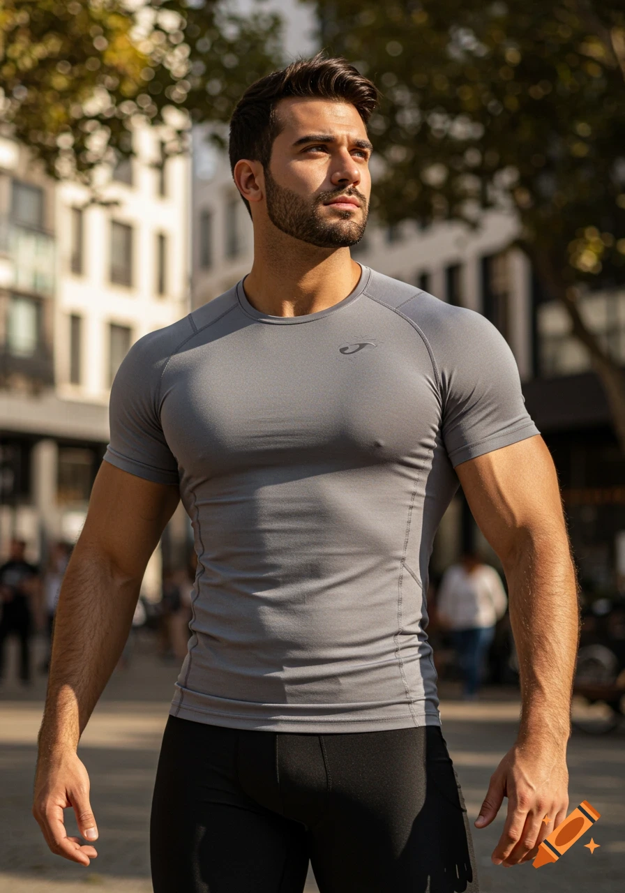 A muscular man with a beard stands outdoors in a grey compression shirt and black athletic shorts, looking off to the side.