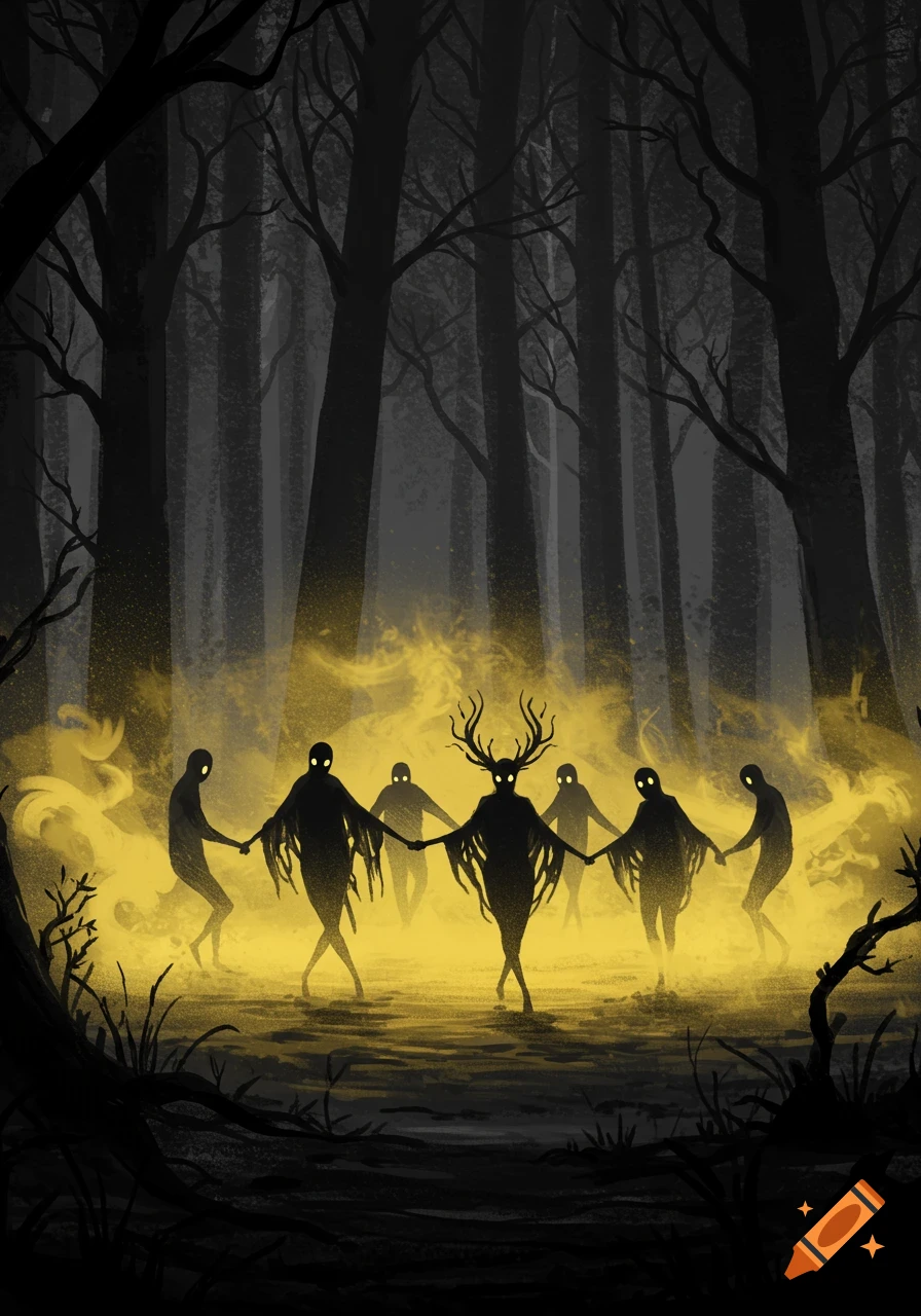 Ominous, shadowy figures with glowing eyes dance in a circle within golden mist in a dark, abstract forest.