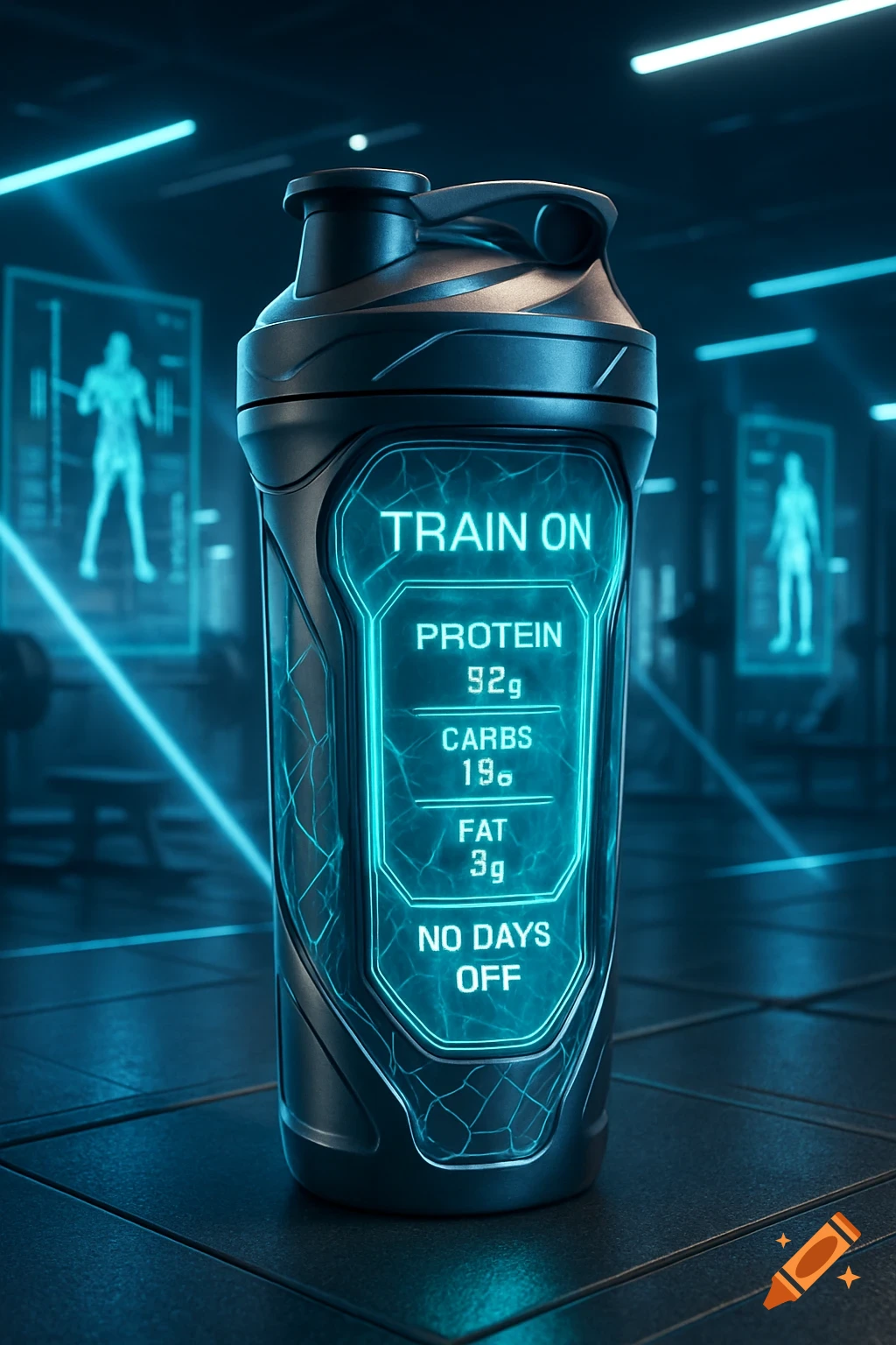 A futuristic black protein shaker with a glowing blue screen displaying "TRAIN ON" and nutritional information, set in a neon-lit gym.