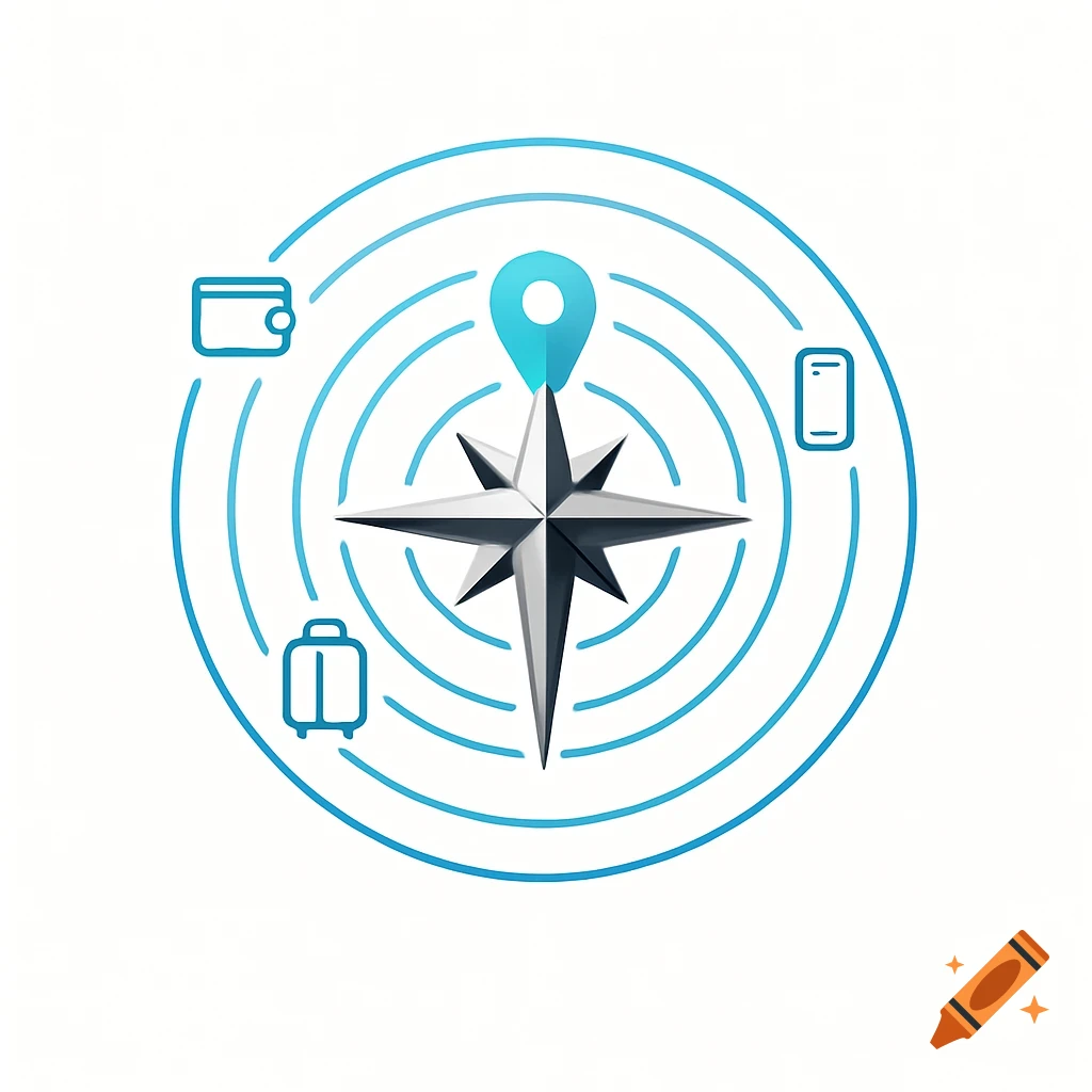 Stylized logo with a compass rose, location pin, and icons for wallet, luggage, and phone, surrounded by blue circles.