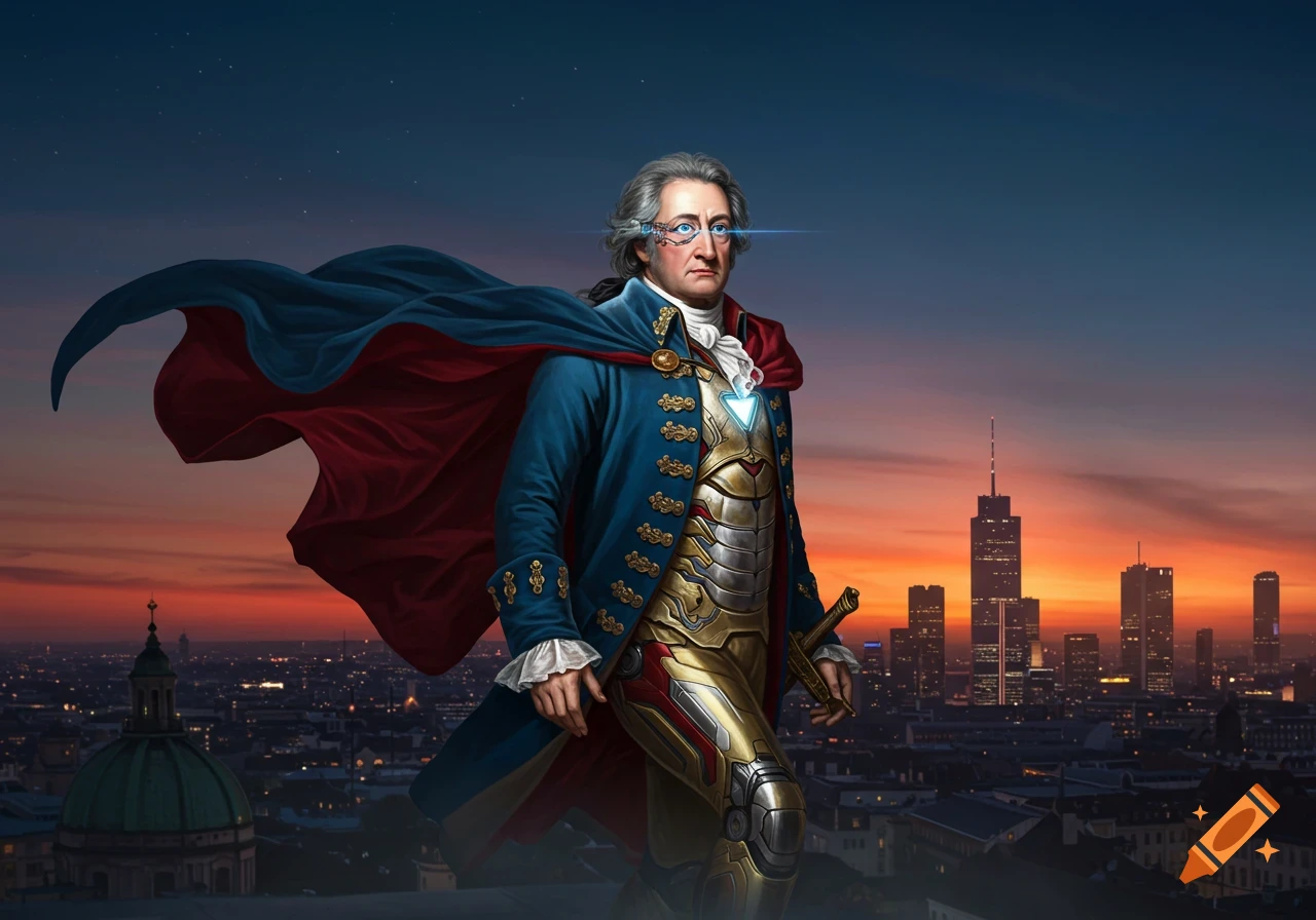 A superhero-esque Johann Wolfgang von Goethe in an Iron Man suit with a cape and sword overlooks a city at sunset.