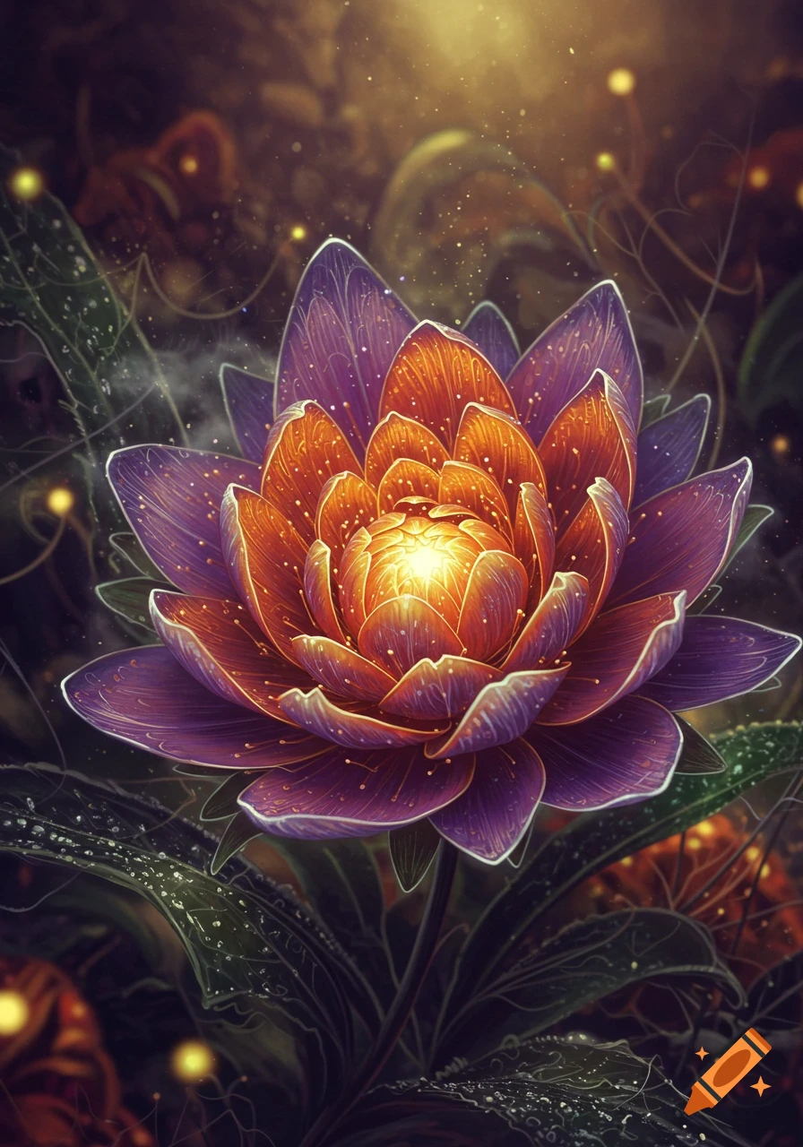 A vibrant, glowing fantasy flower with purple and orange petals and sparkling particles on a dark, mystical background.