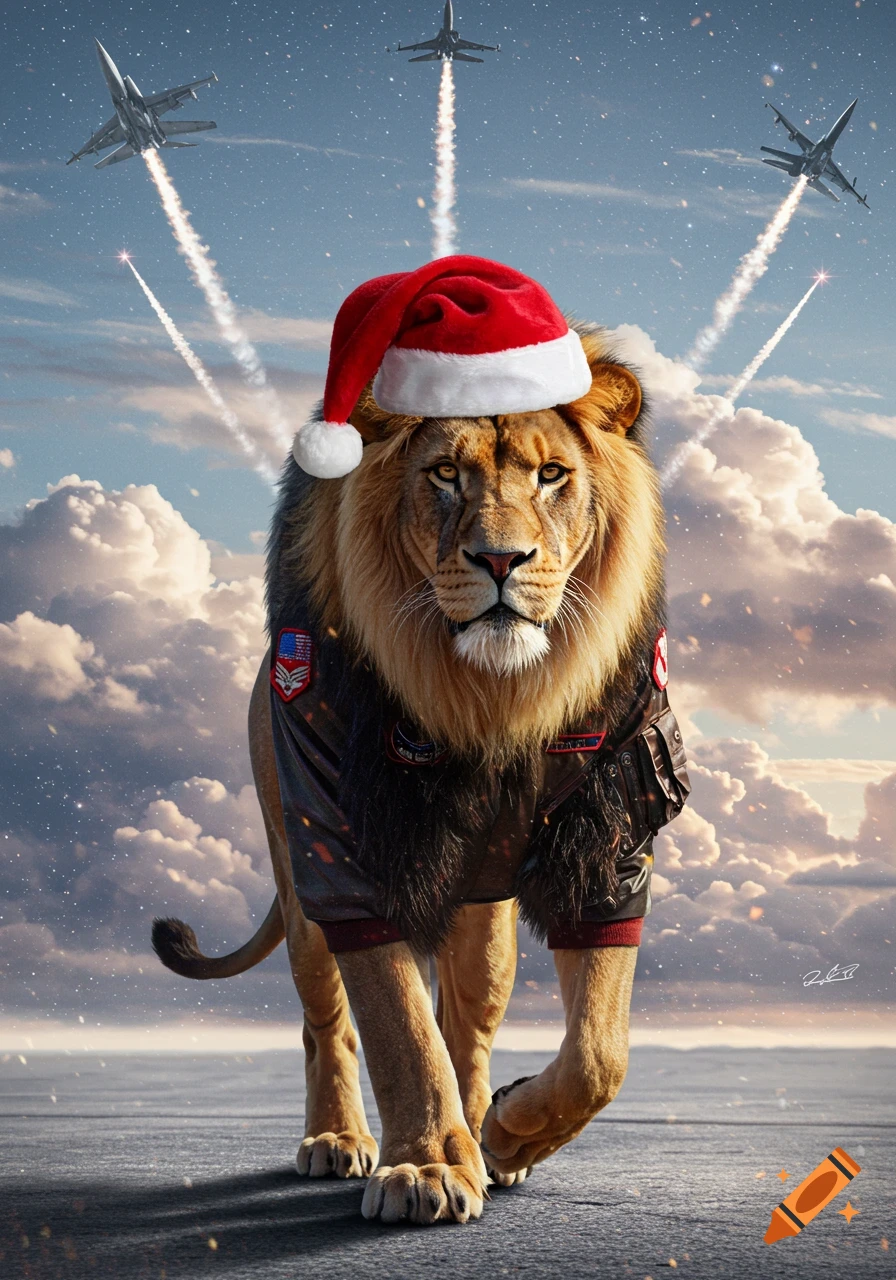 A photorealistic lion wearing a pilot jacket and Santa hat walks forward, with fighter jets flying in a cloudy sky above.