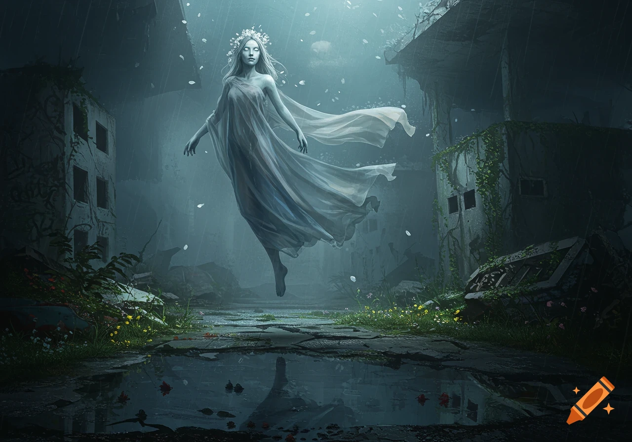 An ethereal woman with glowing eyes and a white crown floats in a misty, overgrown ruined city. A puddle reflects her image.