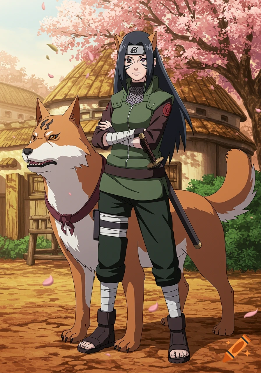 An anime-style female ninja with fox ears and face markings stands next to a large Shiba Inu dog in a village with cherry blossoms.