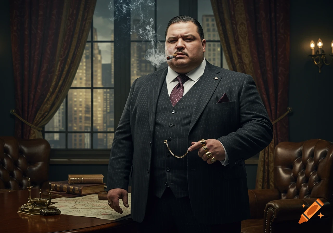 A portly man in a pinstripe suit, vest, and tie smokes a cigar in a dimly lit office with a city view, wearing large gold rings.