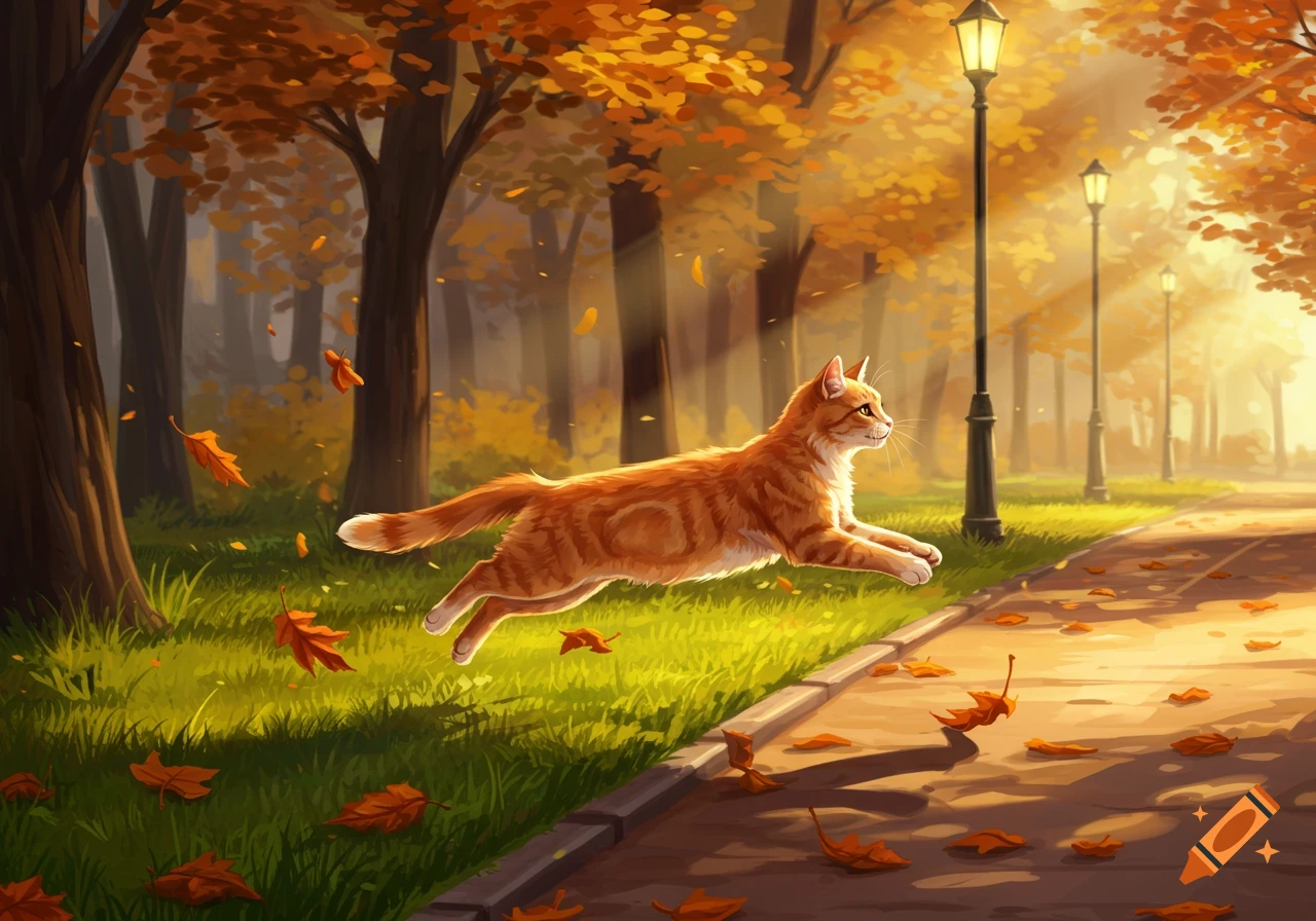 Vibrant illustration of an orange tabby cat leaping through an autumn park with falling leaves and glowing streetlights.