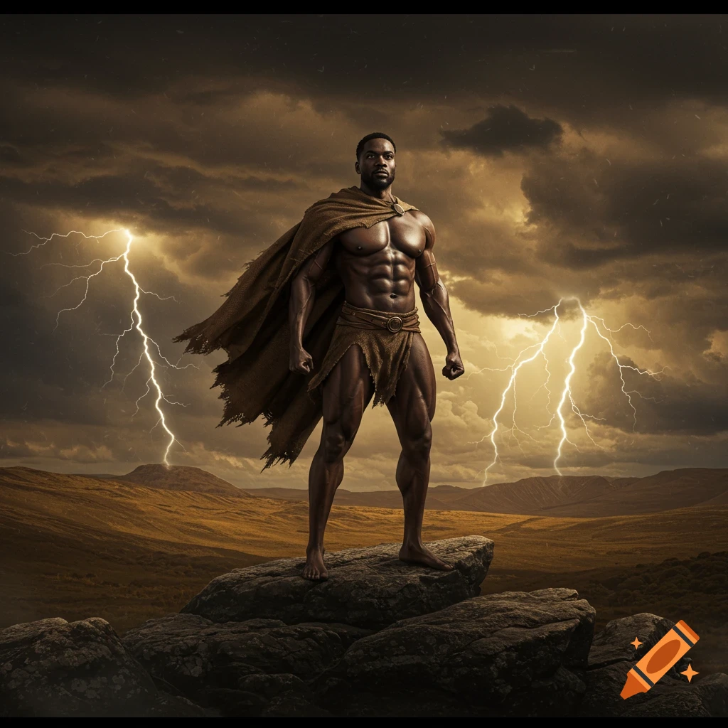 Muscular Black man in a cape and loincloth stands on rocks under a stormy, lightning-filled sky in a dramatic, photorealistic style.