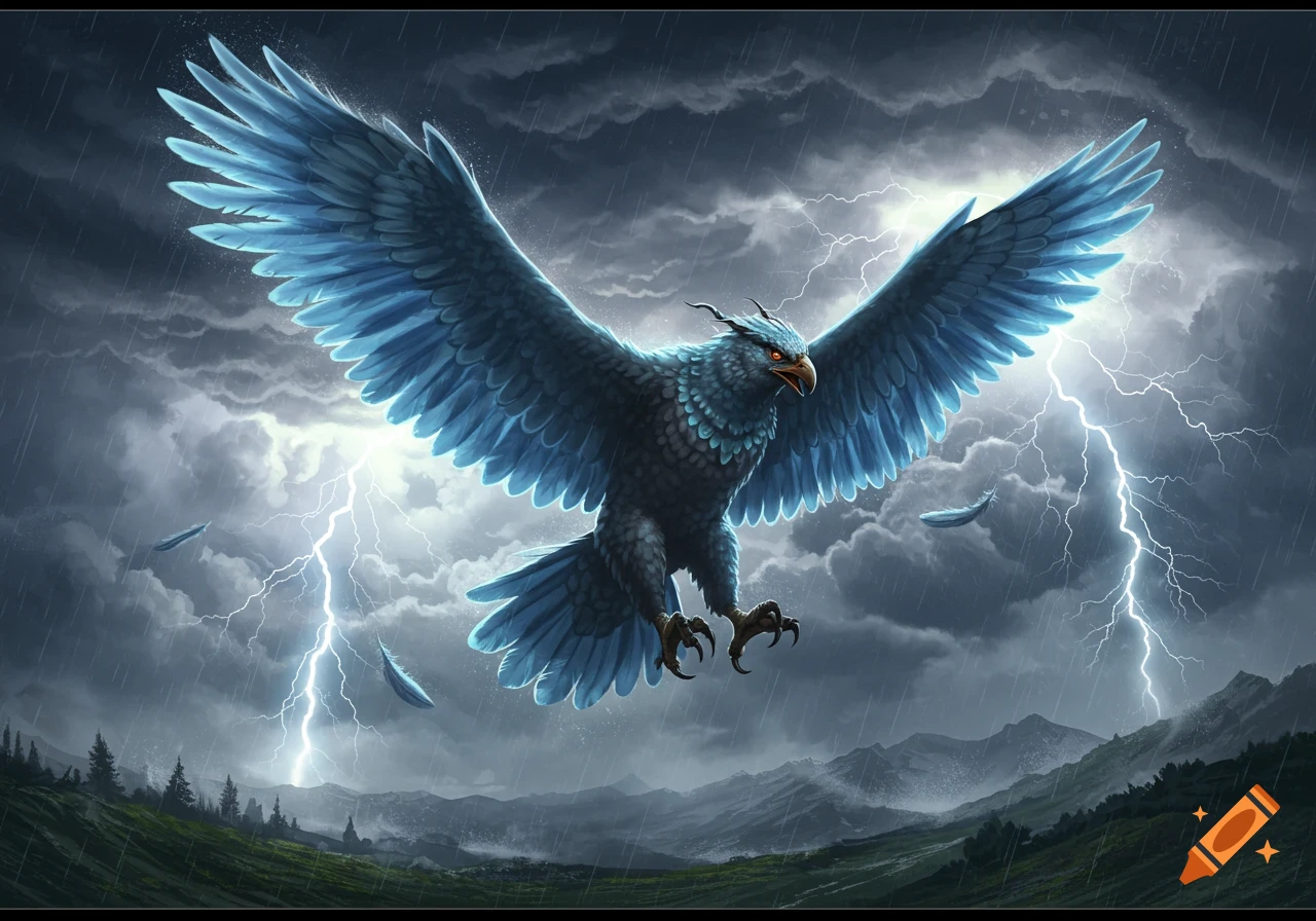 A majestic blue thunderbird or griffin-like creature with glowing eyes flies through a stormy sky with lightning over a mountain landscape.