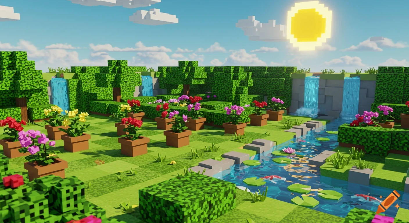 A vibrant blocky garden in a voxel art style with potted flowers, waterfalls, a stream with koi fish, and green hedges under a pixelated sun.