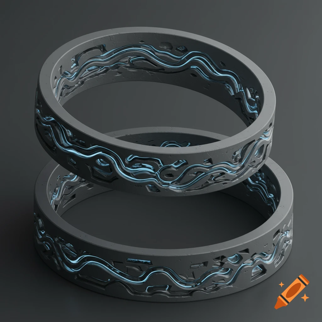 Two isometric grey rings with wavy glowing blue fluid channels on a dark background.