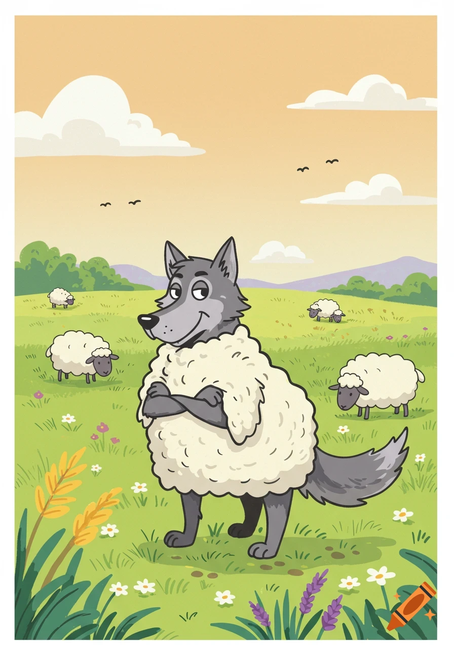 Cartoon wolf in sheep's clothing stands with crossed arms in a grassy field with clouds and other sheep.