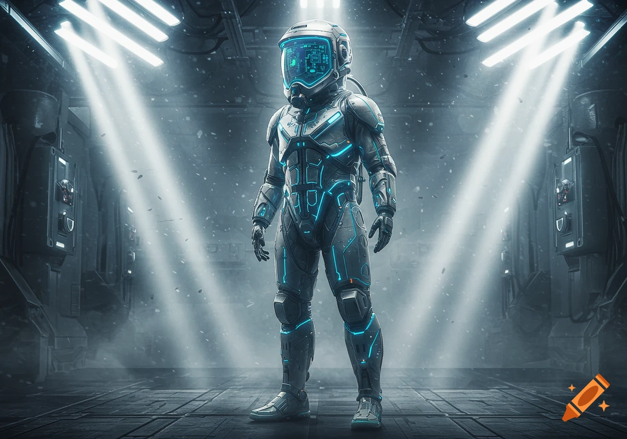 A futuristic person in a gray and blue glowing hazmat suit stands in a hazy, brightly lit industrial-looking room.