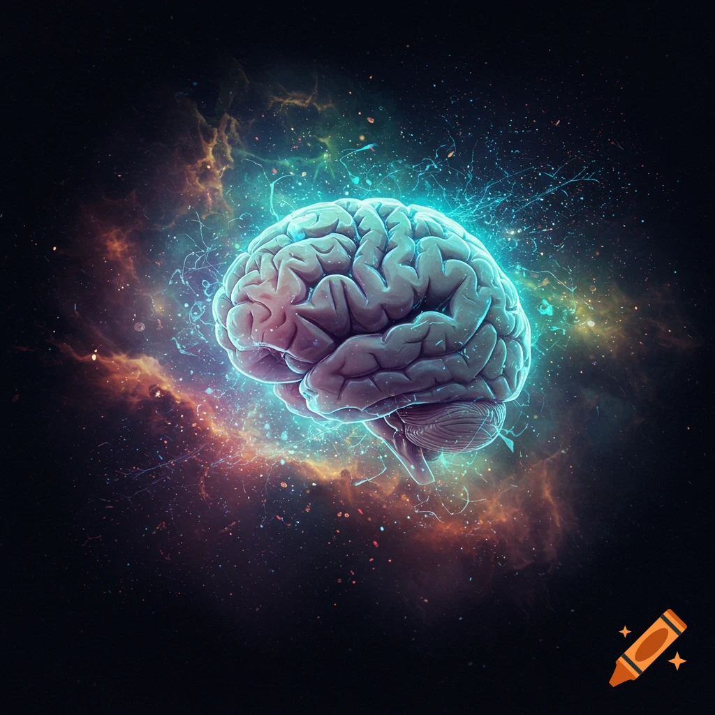 A glowing human brain floats in a dark cosmic nebula, surrounded by colorful gas, stars, and energetic blue light.