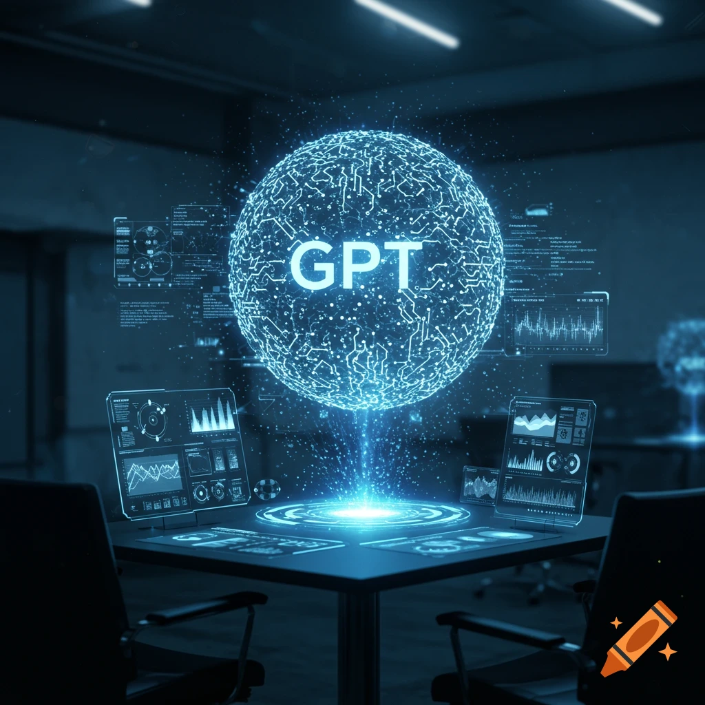 A glowing blue holographic sphere with 'GPT' at its center floats above a meeting table with digital screens in a dark, futuristic room.