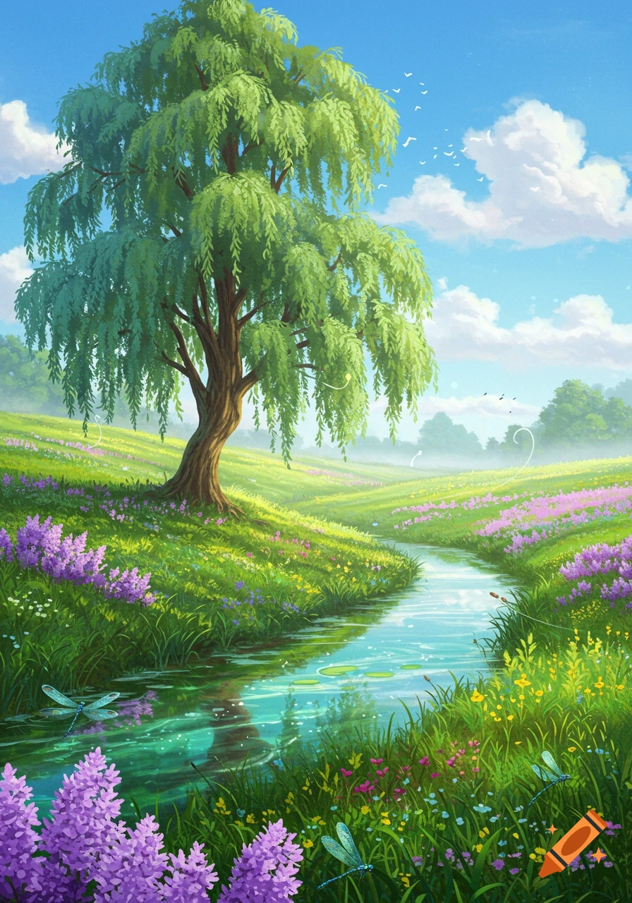Vibrant illustrative landscape with a weeping willow tree, winding stream, green grass, and purple wildflowers under a blue sky.