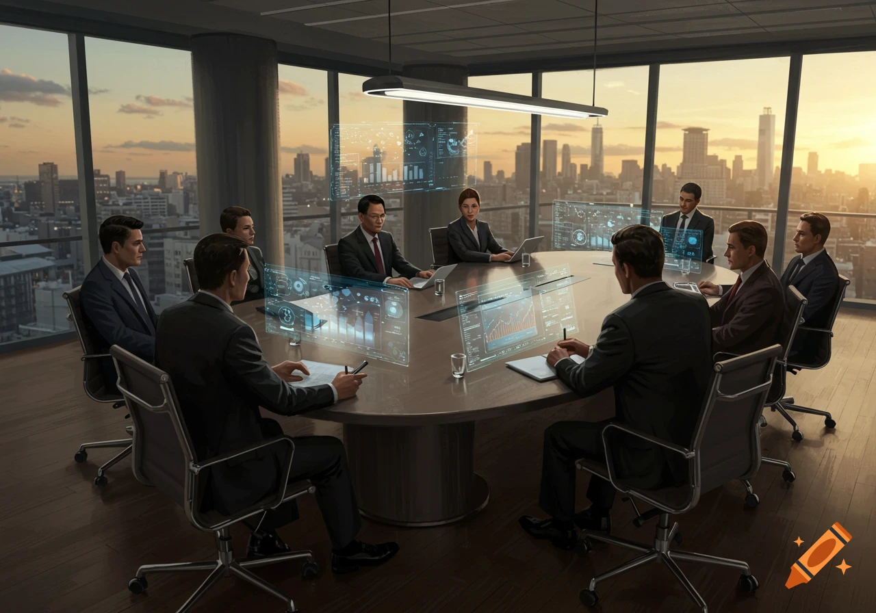 A diverse advisory board meeting in a high-rise office at sunset, with members interacting with holographic data displays.