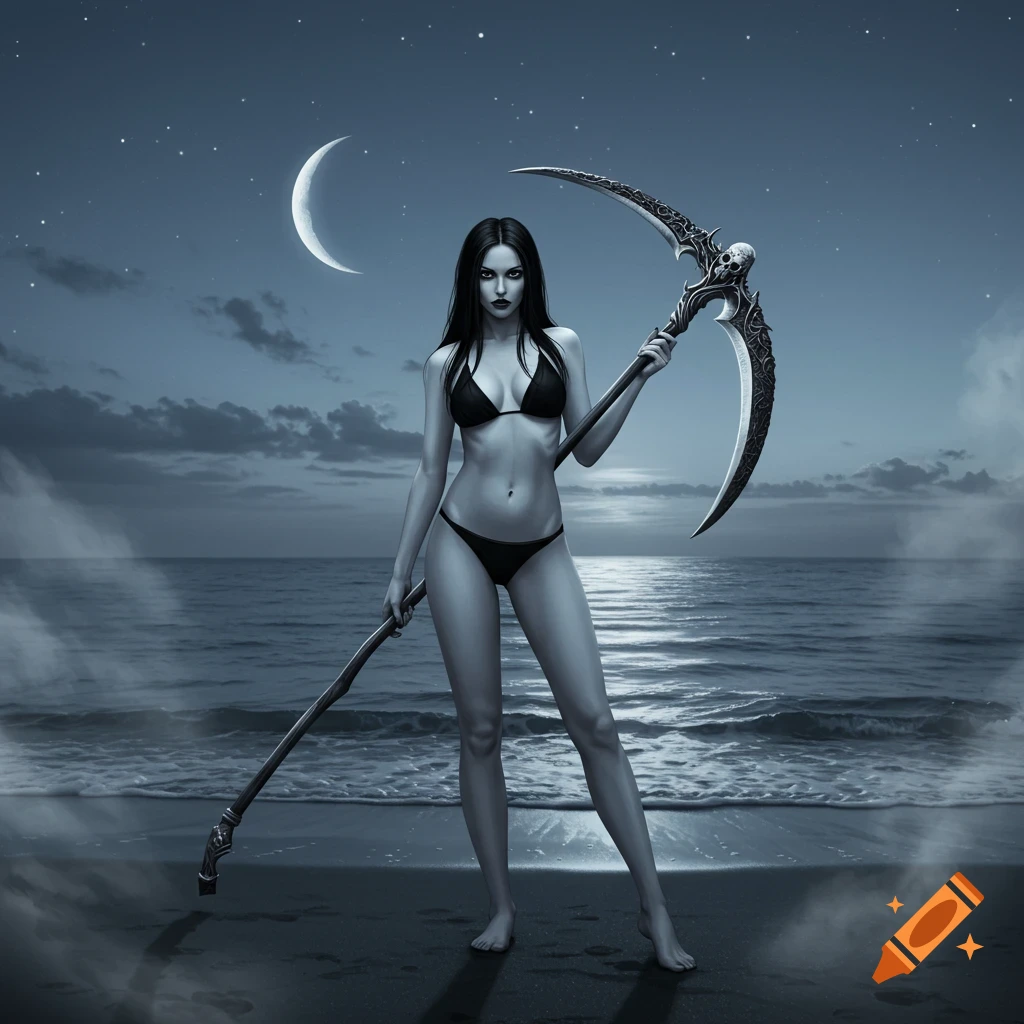 Pale-skinned, black-haired woman in a bikini holding a scythe on a moonlit beach, digital illustration.