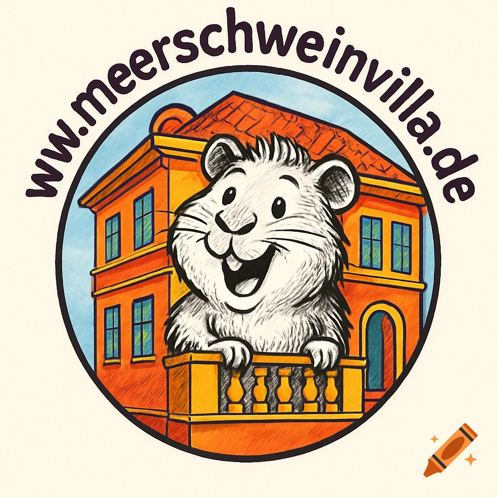 A round logo featuring a happy cartoon guinea pig on a balcony of an orange villa, with the text 'www.meerschweinvilla.de'.