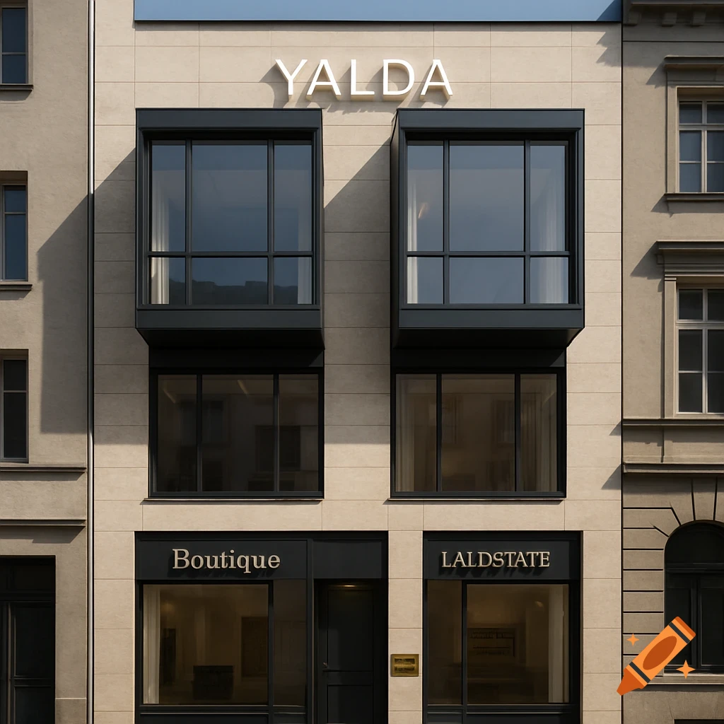 Photorealistic render of a modern, minimalist 3-story building facade with stone and glass, dark aluminum frames, and storefronts at ground level.