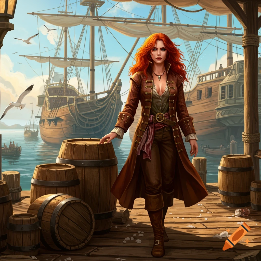 A fiery-haired female pirate in a long brown coat stands on a wooden dock with ships and barrels in a port.