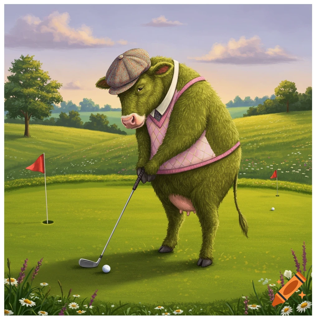A green cow wearing a flat cap and pink argyle vest plays golf on a sunny course with flags and a golf ball.